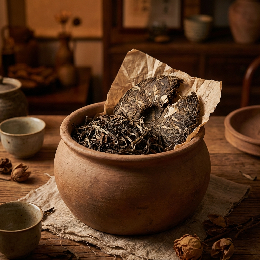 Aged white tea cake in a clay jar