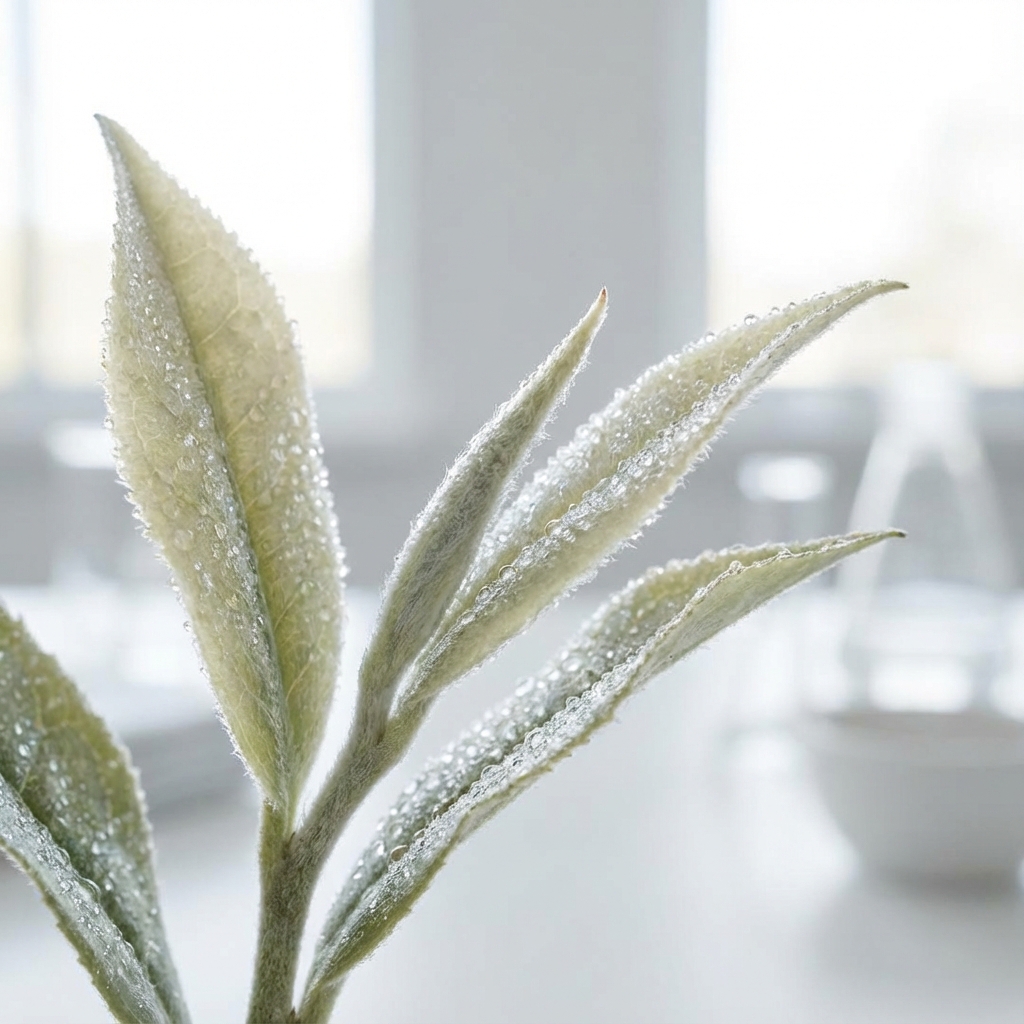 Macro view of white tea leaves with fresh dew drops