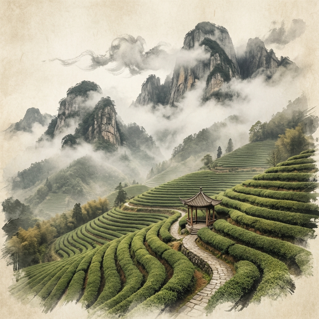 Misty Taimu Mountain landscape with tea terraces