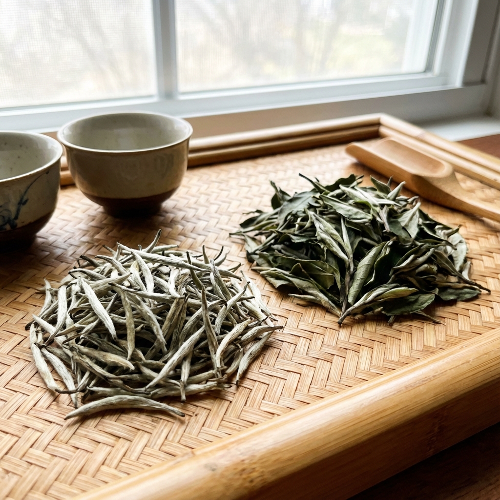 Comparison of Silver Needle buds and White Peony leaves on a tea tray