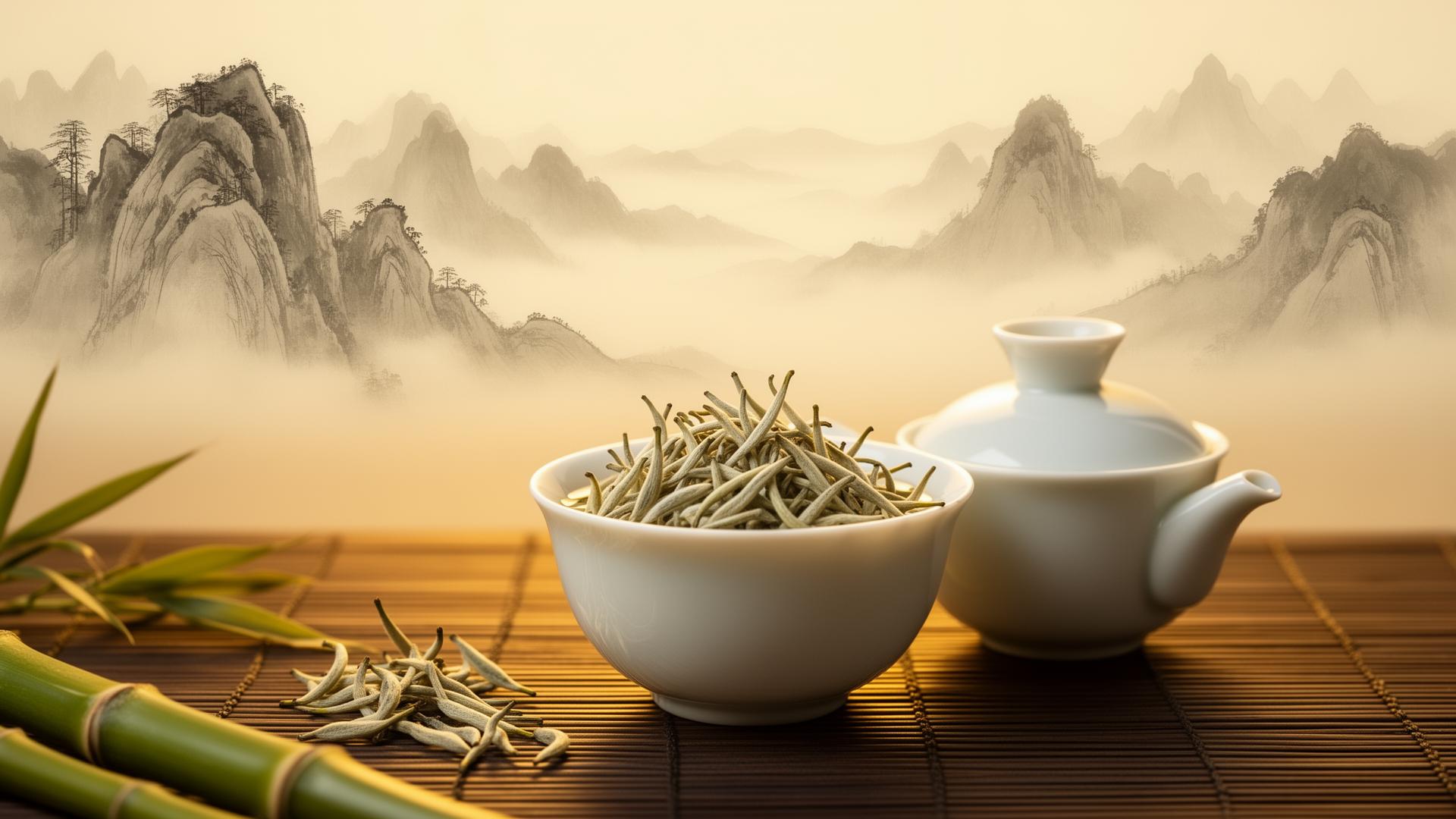 Elegant Chinese tea ceremony with Silver Needle white tea buds in a porcelain gaiwan, misty mountains in background